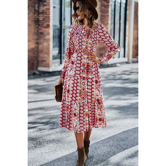 Patchwork Smocked Puff Sleeve Tiered Midi Dress - Picture 10 of 15